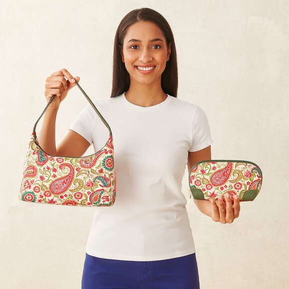 Paisley Print Sling Hobo & Cosmetic Bag Combo for Women – Fabric Shoulder Bag - Picture 2 of 5